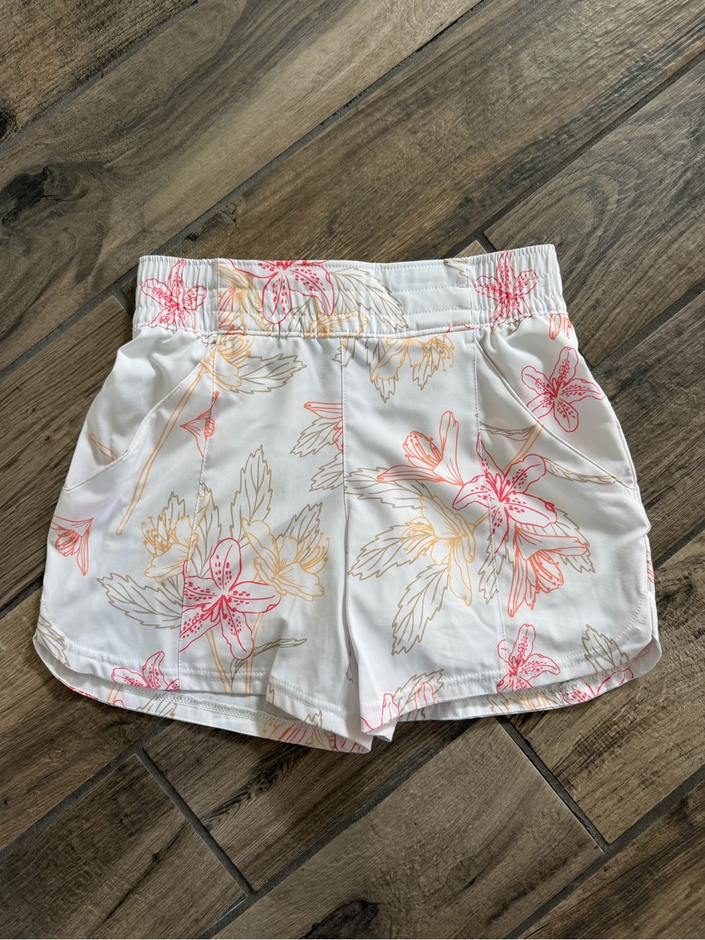 Columbia White Floral Athletic Shorts with Pink and Peach Print, Size S